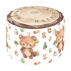 a white and brown bear themed stool with trees on the bottom, surrounded by woodland animals