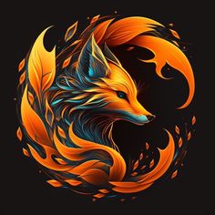 an orange and blue fox with flames on it's face