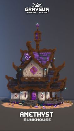 the front and back cover of an animated house with purple lights on it's roof