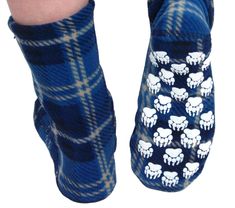 For those of you with circulation and/or pressure issues--these are your new favourite socks! We've added 5% Spandex to our cozy Flannel print fleece to make socks that are SUPER STRETCHY. This fabric has 4-way stretch so you will finally have warm feet and enjoy fleecy softness with no discomfort. Choose regular (plain) soles or nonskid (grippy paws) sole if you want to wear them as slipper socks or for extra traction on smooth floors. Washer/dryer friendly. Also availble sized for Big and Tall Fleece Socks, Foot Socks, Print Socks, Blue Flannel, Bear Paws, Cozy Flannel, Slipper Socks, Washer Dryer, Bear Print