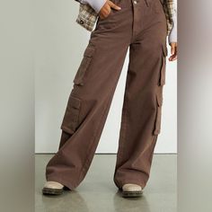 Never Worn, Low Rise, Cargo Pants. Casual Brown Wide Leg Pants With Pockets, Trendy Full-length Brown Cargo Pants, Trendy Brown Full-length Cargo Pants, Trendy Brown Full Length Cargo Pants, Brown Cargo Style Wide-leg Pants, Brown Wide-leg Pants With Pockets, Brown High-waisted Bottoms With Multiple Pockets, Brown Wide-leg Cargo Pants With Pockets, Spring Brown Wide Leg Cargo Jeans