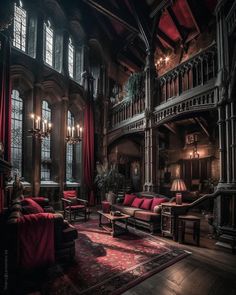 an ornate living room with red couches and chandeliers