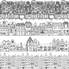 a line drawing of houses and buildings in black and white, with the outlines of each