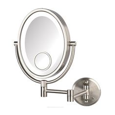 a wall mounted mirror with a light on it's side and an arm rest