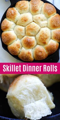 skillet dinner rolls in a cast iron skillet with text overlay that reads skillet dinner rolls