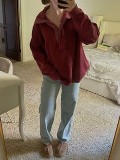 Outfits for fall - winter outfits - apple picking outfit - teen outfit inspo Comfy Lazy Fall Outfits, Winter Outfits For Short Hair, Aerie Quarter Snap Sweatshirt, Easy Thanksgiving Outfits Women, Country Thanksgiving Outfit, Granola Winter Outfits, Outfits For Redheads, Winter Bitmoji Outfits, Outfit Inspo For Winter