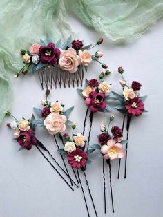 This set burgundy flower hair pins wedding , of artificial flowers This a beautiful and delicate hair accessory for brides and a nice gift to the bridesmaids   On the wedding day, every bride wants to look fantastic. This flower hair piece , will be a magical addition to your look on your happiest day.  This will emphasize the ease of your image.  The comb is very conveniently attached to the hair and fits in with any hairstyle.  -Material- artificial pearl and artificial greenery  -Colors-  burgundy, rust, green, white - Unique handmade.  Wedding - is one of the most important events in the life of any girl I am happy to try to make the most beautiful decoration for you, to make you feel the most beautiful bride. You deserve the best! Orange Burgundy Wedding, Burgundy Wedding Hair, Flower Hair Pins Wedding, Floral Hair Piece, Flower Hair Piece, Hair Pins Wedding, Floral Hair Pieces, Flower Hair Pieces, Jewel Tone Wedding