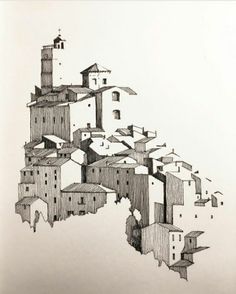 an ink drawing of a city with lots of buildings and towers on top of it