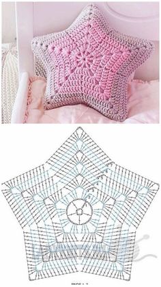 the crocheted pillow is next to an image of a bed with pink sheets and pillows