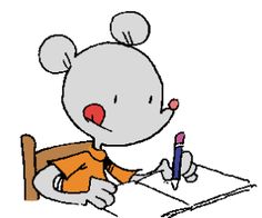 a cartoon mouse writing on a piece of paper with a crayon and pen