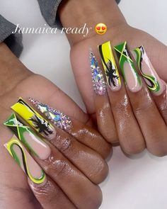 Carnival Acrylic Nails, Jamaica Acrylic Nails, Jamaican Acrylic Nails, Grenada Nails, Jamaican Theme Nails, Jamaican Flag Nails, Haiti Nails, Vacation Nails Dominican Republic, Jamaica Theme Nails