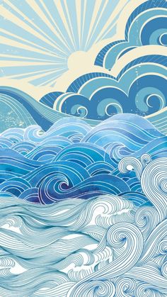 waves Trippy Ocean Drawing, Wave Drawings Simple, Art Nouveau Ocean Waves, Waves Ocean Drawing, Wave Crashing Drawing, Art Nouveau Waves, Water Waves Illustration, Ocean Yearbook Theme, Ocean Wave Illustration