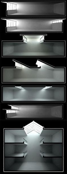 four different angles of an empty room with light coming from the ceiling and lighting up