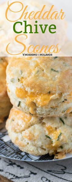 cheddar chive scones stacked on top of each other with the text overlay