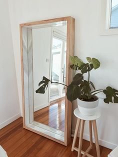 a mirror sitting on top of a wooden floor next to a plant in a pot