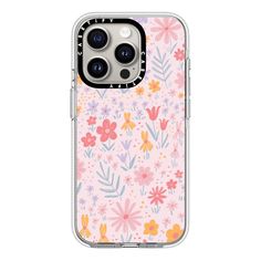 an iphone case with pink flowers and leaves on the front, showing the back side