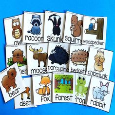 several pictures of different animals and their names are shown on the cards in front of each other