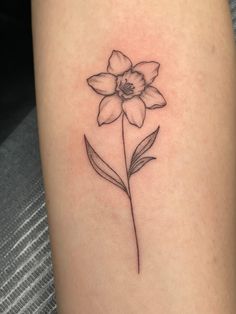 Fine line tattoo of daffodil on inner left forearm Dainty Daffodil Tattoo With Name, Daffodil Name Stem Tattoo, Daffodil With Bee Tattoo, Lilly And Daffodil Tattoo, Small Dafodill Tattoo, Daffodil Tattoo Birth Flower, Daffodil Tattoo Forearm, Daffodil Simple Tattoo, Tattoo Ideas Female Daffodil