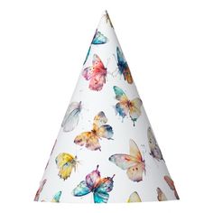 a white party hat with colorful butterflies on it