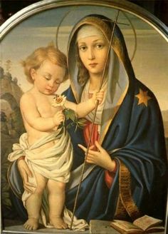 a painting of the virgin mary holding a baby jesus with an arrow in it's hand