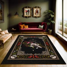 a living room filled with furniture and a rug on the floor in front of a window