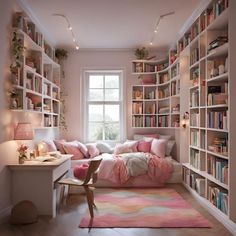 a bedroom with lots of bookshelves and pink pillows on the bed in it