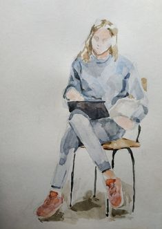 a watercolor painting of a woman sitting on a chair with her legs crossed and looking down