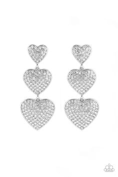 Three white rhinestone-studded silver hearts gradually increase in size as they cascade down the ear in a shimmery display. Each of the hearts interconnect to one another adding a shifting, whimsical detail to the spritz of glitz. Earring attaches to a standard post fitting.

 Sold as one pair of post earrings. Couples Retreat, Gray Ring, Gray Necklace, Brown Bracelet, Couples Retreats, The Ear, Paparazzi Accessories, Rhinestone Heart, White Necklace