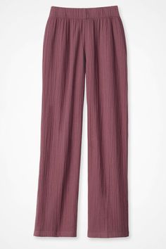 Breezy Loungewear Pants With Elastic Waistband, Breezy Lounge Pants With Elastic Waistband, Casual Summer Pants With Crinkle Texture, Spring Cotton Bottoms With Crinkle Texture, Summer Loungewear Pants With Crinkle Texture, Summer Loungewear Bottoms With Crinkle Texture, Cotton Gauze Clothing, Cotton Gauze Pants, Gauze Clothing