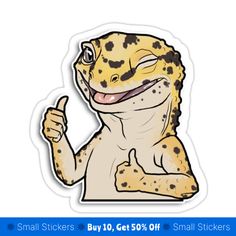 a sticker with an image of a smiling geckoe giving the thumbs up