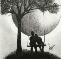 a drawing of two people sitting on a swing in front of a tree with the moon behind them