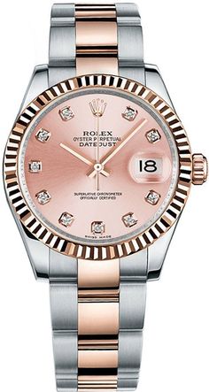 178271 | M178271-0045 ROLEX DATEJUST 31 LUXURY WOMEN'S WATCH FOR SALE Store Display Model (What's This?) - Free Overnight Shipping - With Manufacturer Serial Numbers - Swiss Made - Pink Dial - Diamond Hour Markers - 10 Diamonds Set on Dial - Solid 18k Everose Gold Fluted Bezel - Cyclops Lens Date Feature     Instantaneous Date with Rapid Setting - Stop Seconds for Precise Time Setting - 48 Hour Power Reserve - Self-winding Automatic Chronometer Movement     COSC Chronometer Certified - Rolex Caliber 2235 - Jewels: 31 - 6 Year Warranty - Guaranteed Authentic - Certificate of Authenticity - Manufacturer Box & Manual - Solid 18k Everose Gold with 904L Oystersteel Stainless Steel Case - Solid 18k Everose Gold with 904L Oystersteel Stainless Steel Oyster Bracelet - Scratch Resistant Sapphire Cr Bezel Watch, Rolex Women, Oyster Bracelet, Rolex Men, Authentic Watches, Sale Store, Free Bracelet, Two Tone Watch, Store Display