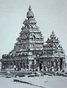 an ink drawing of a temple in india