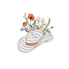 a white cowboy hat with flowers on the front and side, embroidered onto it's sides