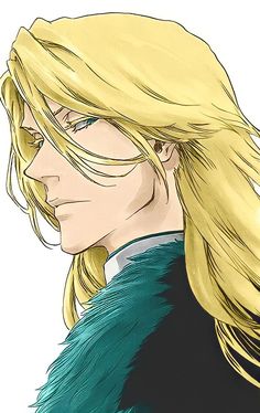 an anime character with long blonde hair and green fur on his shoulders, looking to the side