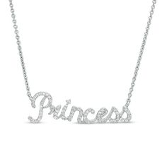 Proclaim your regal status with this chic diamond necklace. Fashioned in sterling silver, this charming design showcases the word "Princess" sculpted in a cursive font and lined with sparkling diamonds. Captivating with 1/5 ct. t.w. of diamonds and a bright polished shine, this word art suspends centered along an 18.0-inch cable chain that secures with a lobster claw clasp. Elegant Silver Name Necklace With Diamond Accents, Formal Diamond Name Necklace With Diamond Accents, Personalized Sterling Silver Diamond Necklace For Formal Occasions, Formal Silver Diamond Name Necklace, Sterling Silver Name Necklace With Diamond Accents, Princess Word, Word Necklace, Diamond Princess, Expensive Jewelry Luxury