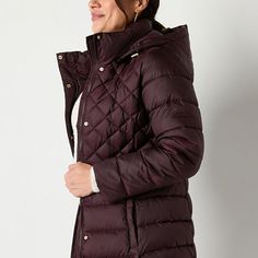 This Liz Claiborne women's hooded puffer jacket will add a chic and warm finish to your cold-weather looks. Made from a quilted material, this lined midweight style has snap and zip closures, side pockets and a tailored silhouette. Wear it over a sweater with jeans and boots.Features: HoodedClosure Type: Snap & ZipperFit: Classic FitPockets: 2 Side Zip PocketsSleeve Length: Long SleeveWarmth Factor: MidweightApparel Length: 36 Inches - BackOuterwear Length: LongFiber Content: 60% Polyester, 40%… Weatherproof Quilted Jacket For Fall, Casual Quilted Jacket With Double-lined Hood, Casual Down Quilted Jacket, Quilted Jacket With Double-lined Hood For Fall, Sweater With Jeans, Hooded Puffer Jacket, Quilt Jacket, Liz Claiborne, Puffer Jacket