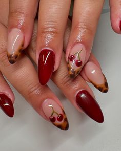 the cutest combo 🧸 this is your sign to book your fall set❣️ #gelx #fallnails #fallnailinspo #nailart #nailartist #rednails #tortoisenails #cherrynails Cherry Fall Nails, Cherry Cheetah Nails, Fall Flower Nail Designs, Cheetah Cherry Nails, Cherries Nails, Apple Nails, Mail Inspo, Fruit Nails, Bday Nails