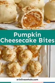 pumpkin cheesecake bites are cut in half and stacked on top of each other