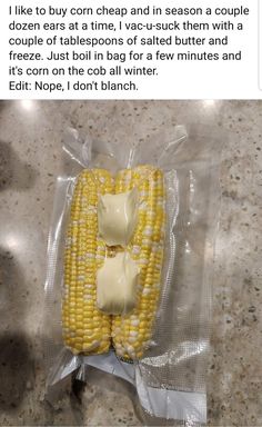 a plastic bag filled with corn on the cob