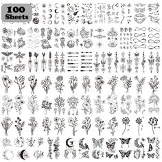 the 100 sheets of temporary tattoos are shown in black and white, with different designs