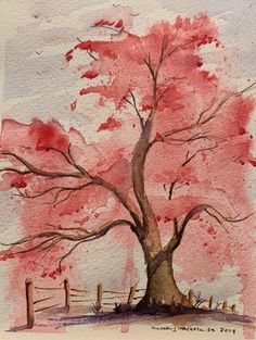 a watercolor painting of a tree with red leaves on it's branches and fence in the background