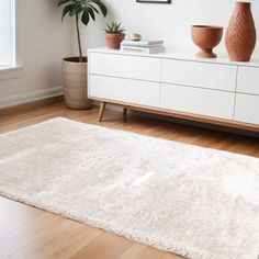 a living room with a white rug and two vases on top of the dresser