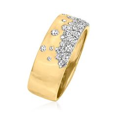 Ross-Simons - .50 ct. t. w. Scattered Diamond Ring in 18kt Gold Over Sterling. Size 9. Reminiscent of fresh champagne bubbles, this ring gives you a reason to celebrate! On it, .50 ct. t. w. pave diamond rounds are scattered across a high-polished 18kt yellow gold over sterling silver band. 1/4" wide. Scattered diamond ring. Diamond birthstones are the perfect gift for April birthdays. Sparkling Yellow Gold Diamond Ring For Formal Occasions, Formal Yellow Gold Sparkling Diamond Ring, Formal Sparkling Yellow Gold Diamond Ring, Space Rings, Diamond Cat, Diamond Flower Pendant, Star And Moon Necklace, Champagne Bubbles, Diamond Heart Pendant Necklace