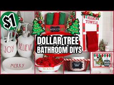 dollar tree bathroom decor diy's with red and green decorations on the wall