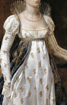 a painting of a woman wearing a white dress with gold trim and pearls on her head