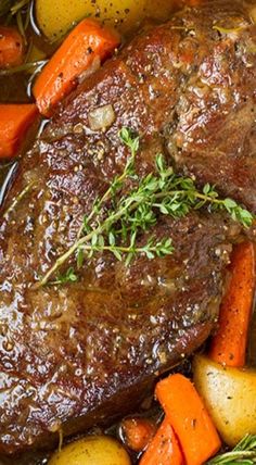 a pot roast with carrots and potatoes