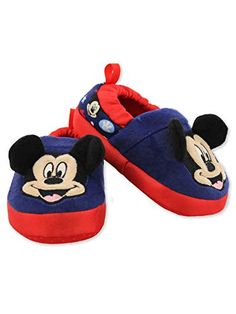 mickey mouse slippers with red and blue trimmings on the bottom, one shoe has