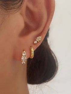 3 Cubic Zircon Gold Huggie Earrings – ANETT Ear Stacks, Gold Huggie Earrings, Pretty Ear Piercings, Stacked Earrings, Jewelry Lookbook, Stacked Jewelry, Huggie Earrings, Girly Jewelry