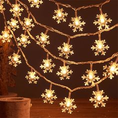 snowflake lights are hanging on a string